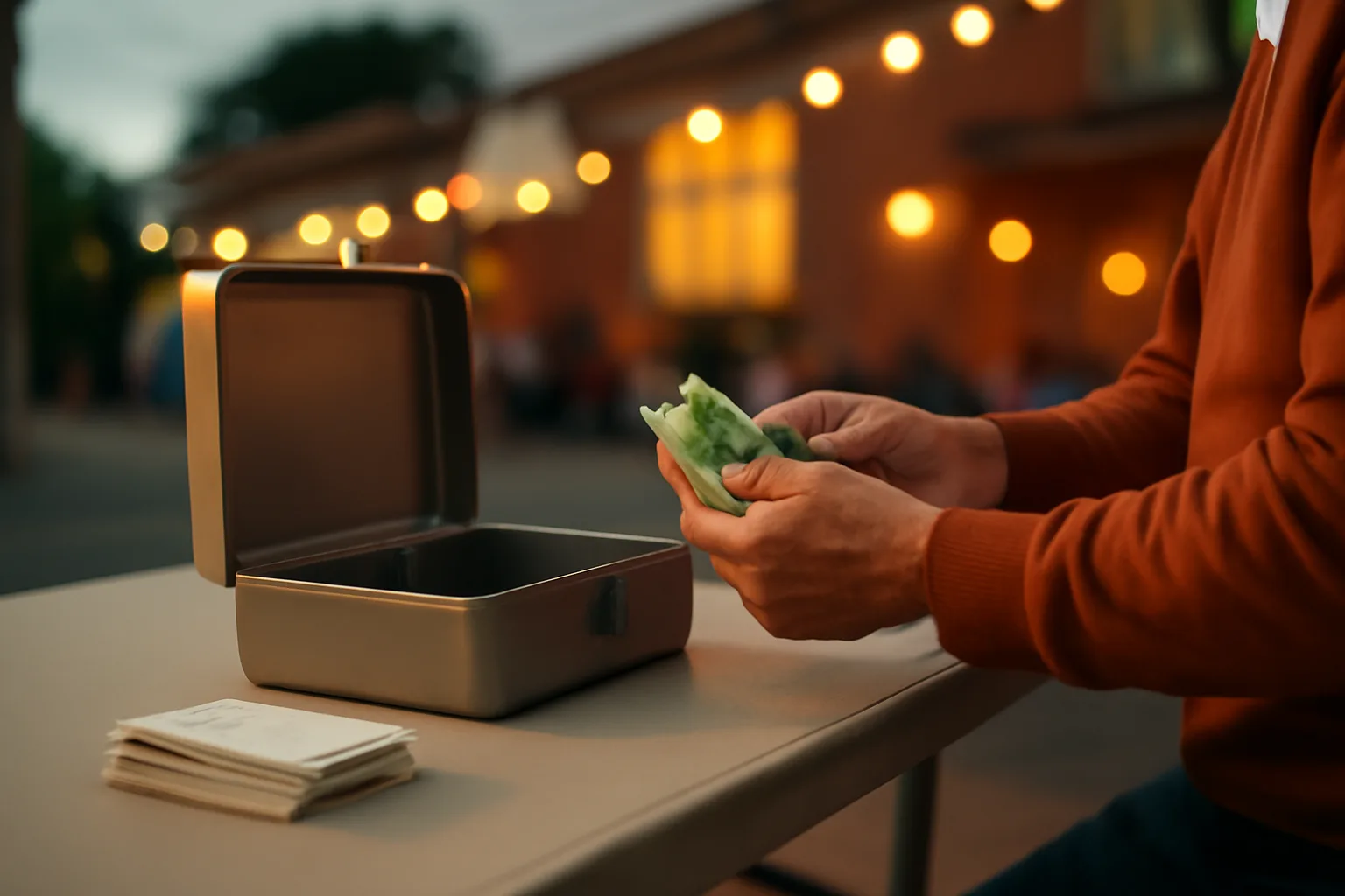 Volunteer counting cash at a booster club fundraiser table in a school gym