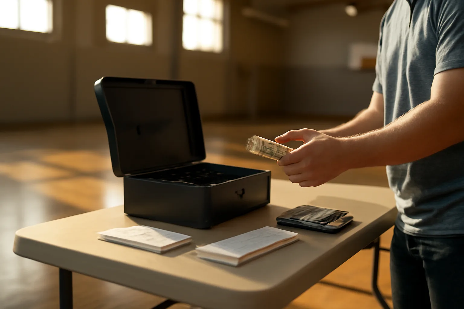 Volunteer counting fundraiser cash at a folding table during a booster club event