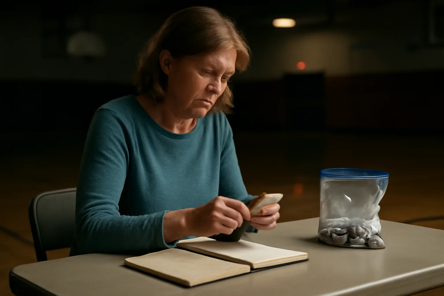Volunteer treasurer counting fundraiser cash at a table after a school event
