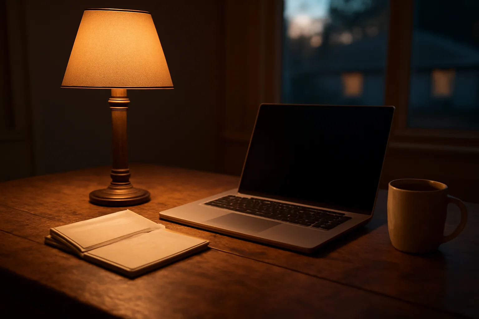 Treasurer's desk at night with a laptop, bank statement, and coffee mug