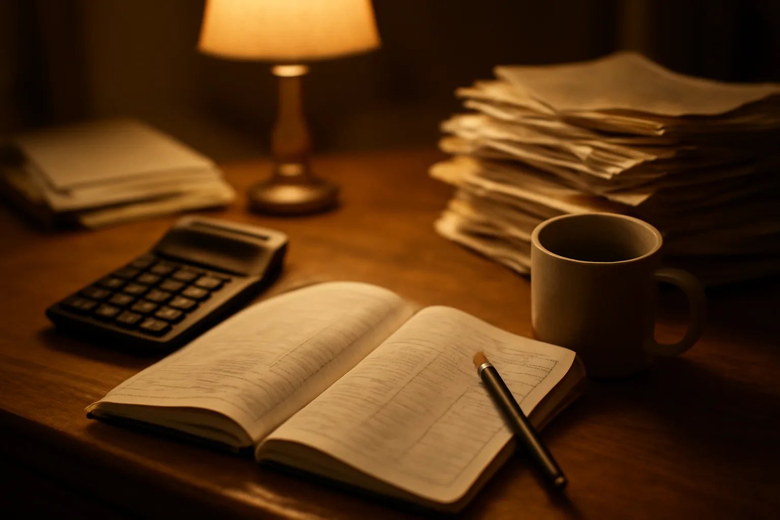 Volunteer treasurer's desk with ledger, calculator, and receipt folders under lamp light