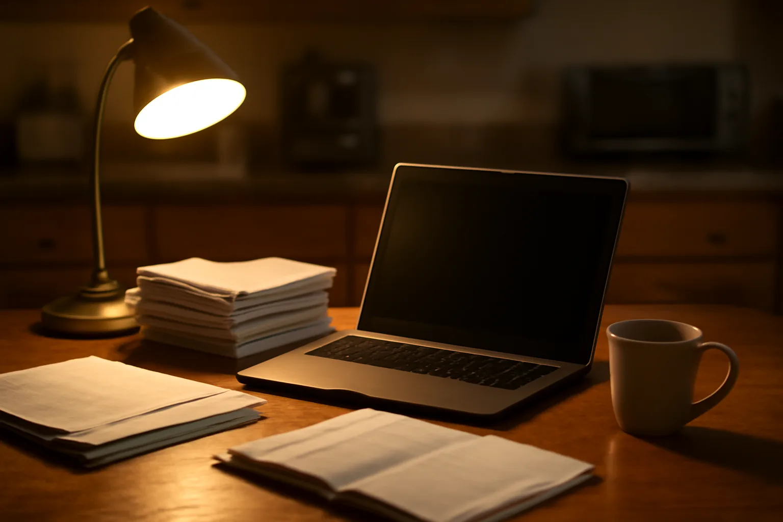 Volunteer treasurer's kitchen table workspace with bank statements and laptop at night