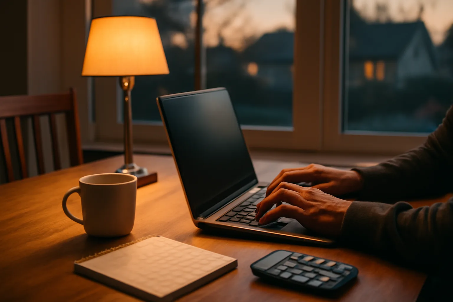 Volunteer treasurer working at a kitchen table on a laptop at night