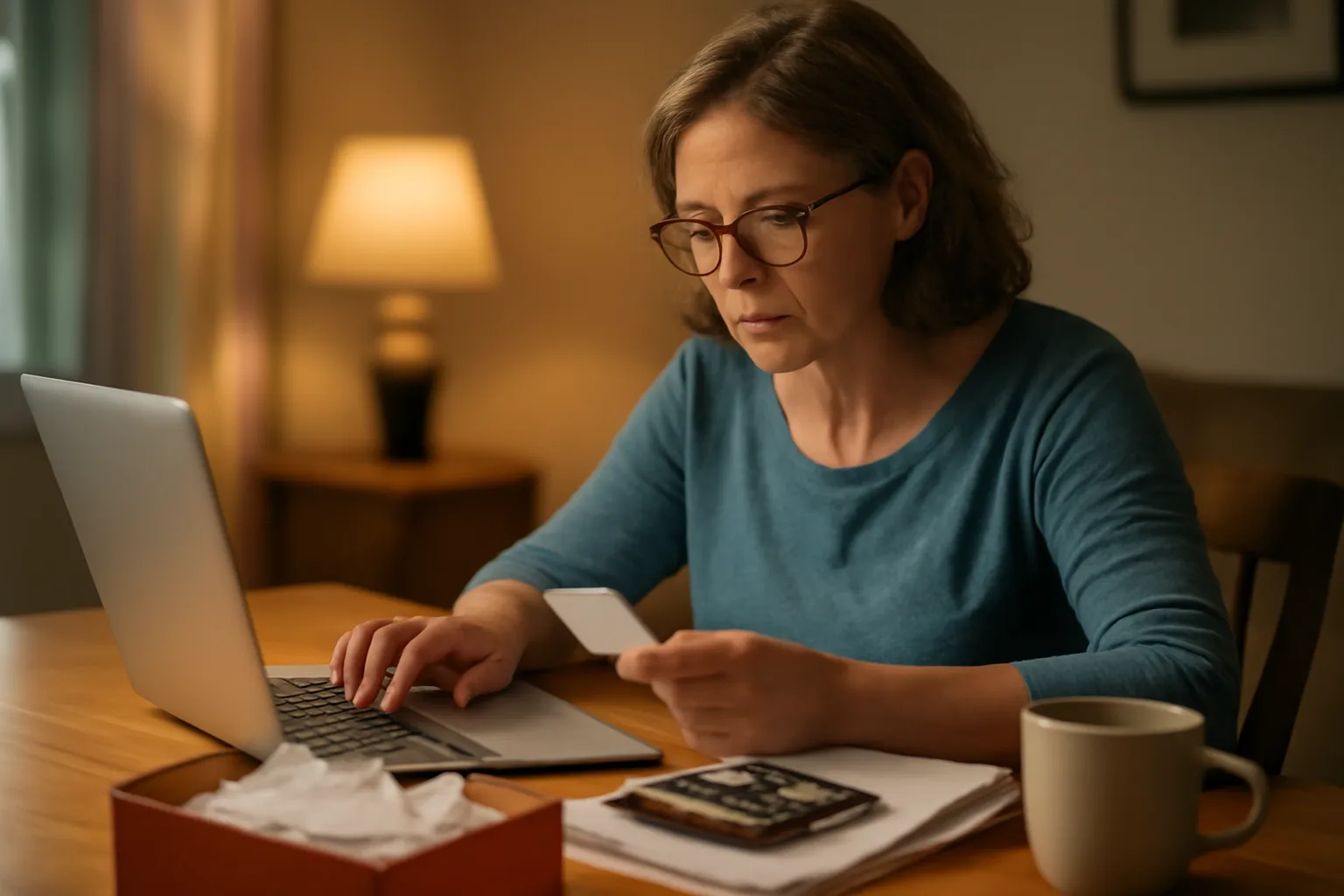 Volunteer treasurer filing the e-990-N postcard at home with receipts and a laptop