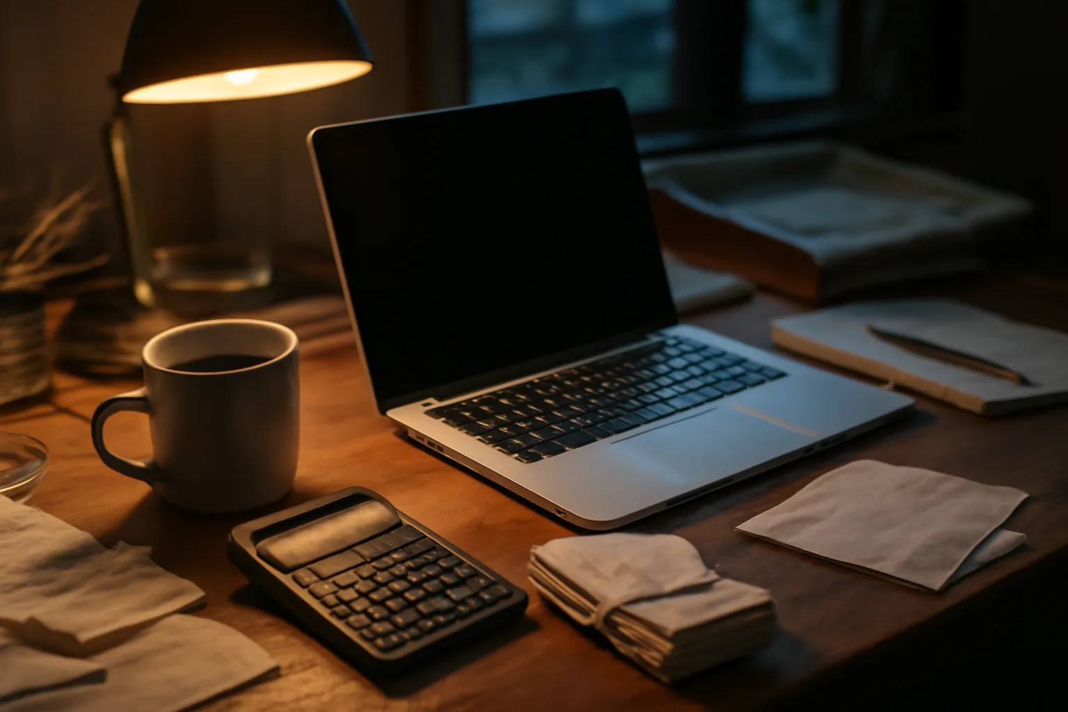 Home desk with laptop and receipts set up for filing form 990-EZ electronically
