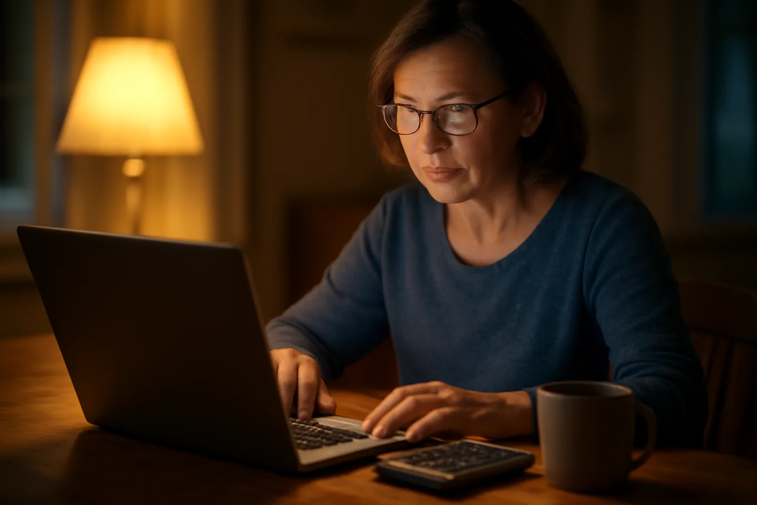 Volunteer treasurer filing paperwork at a kitchen table with laptop and coffee