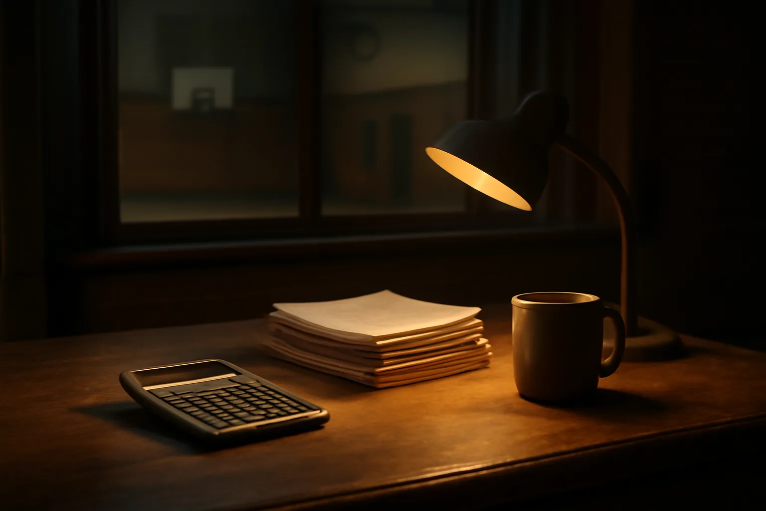 Treasurer's desk with bank statements and a calculator under a desk lamp