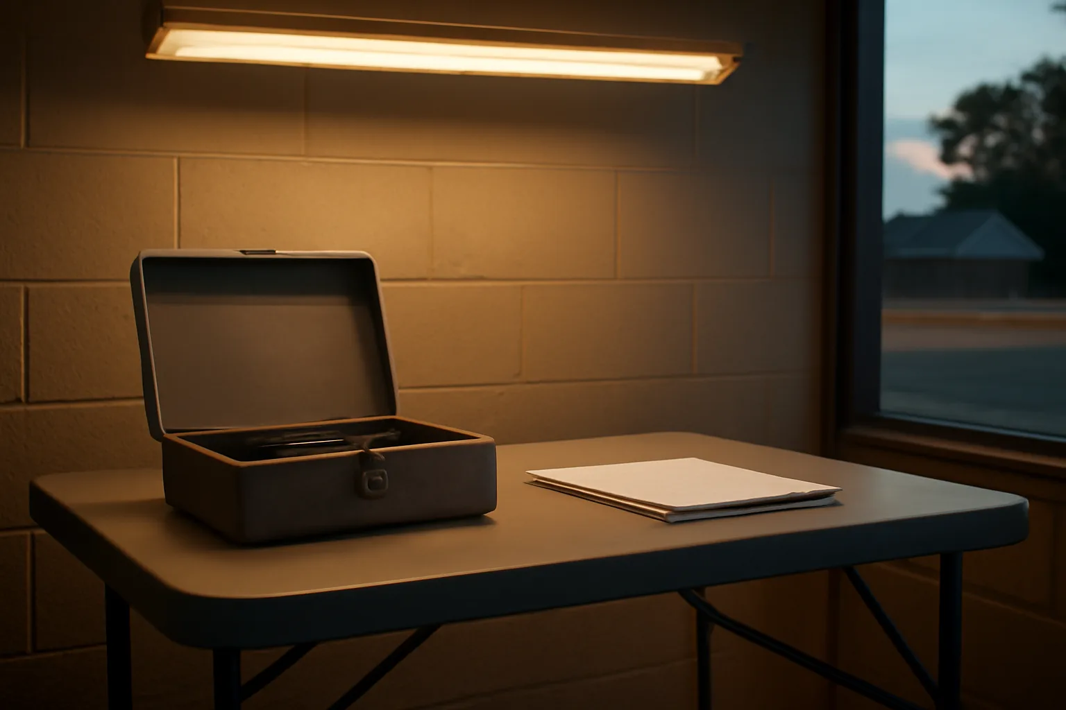 Volunteer treasurer's cash box and ledger papers on a folding table at a booster club concession stand
