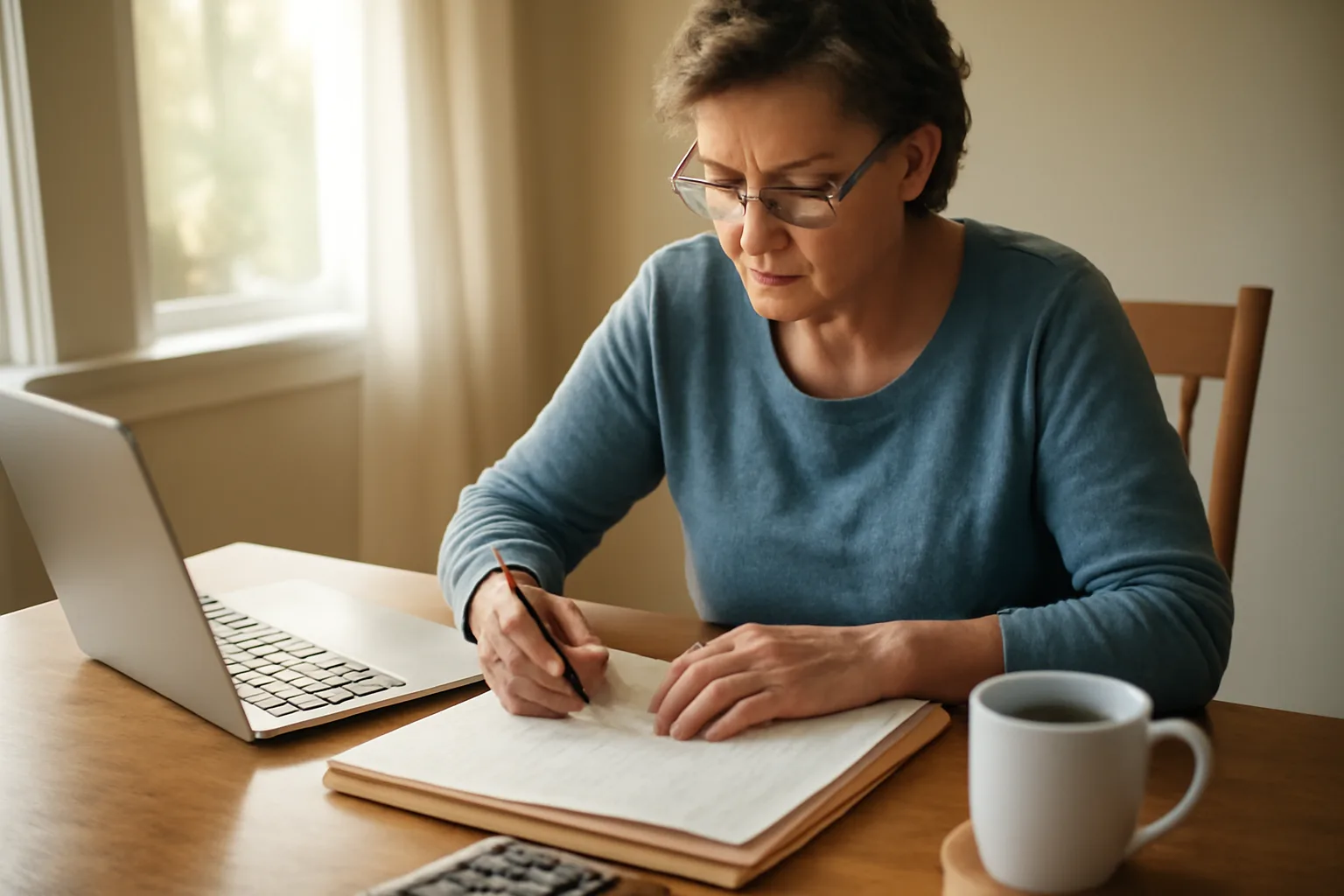 Volunteer treasurer reviewing financial records at home with laptop and folders