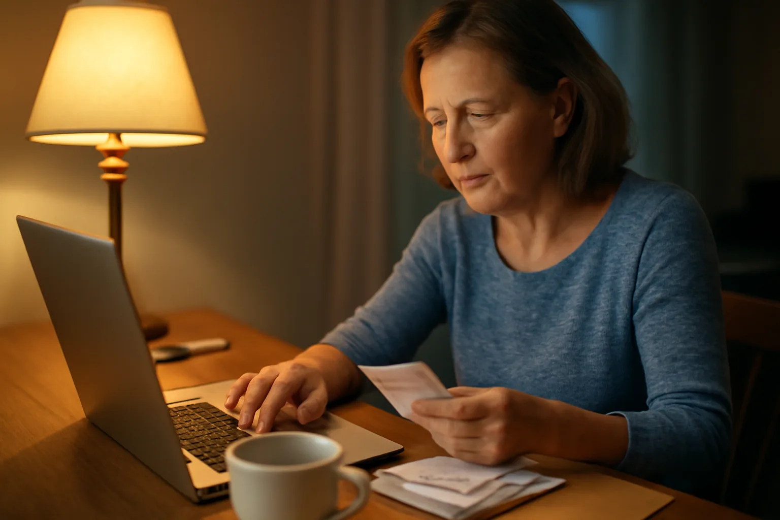 Volunteer treasurer working at a laptop with receipts to file 990 form online