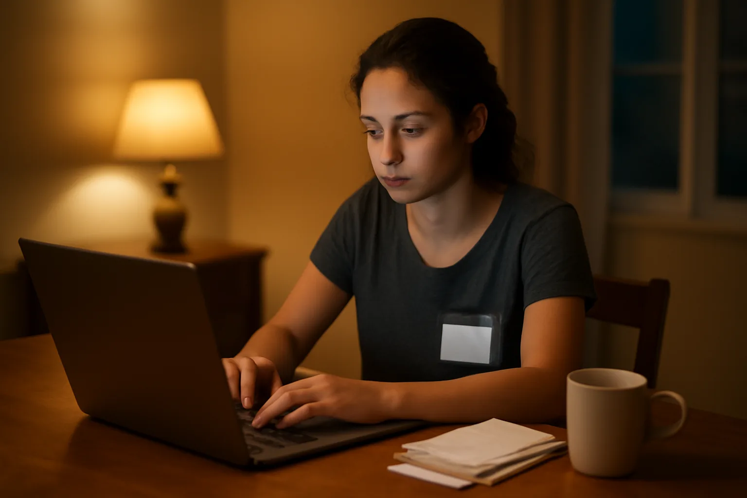 Volunteer treasurer filing 990-N online at a laptop with receipts nearby