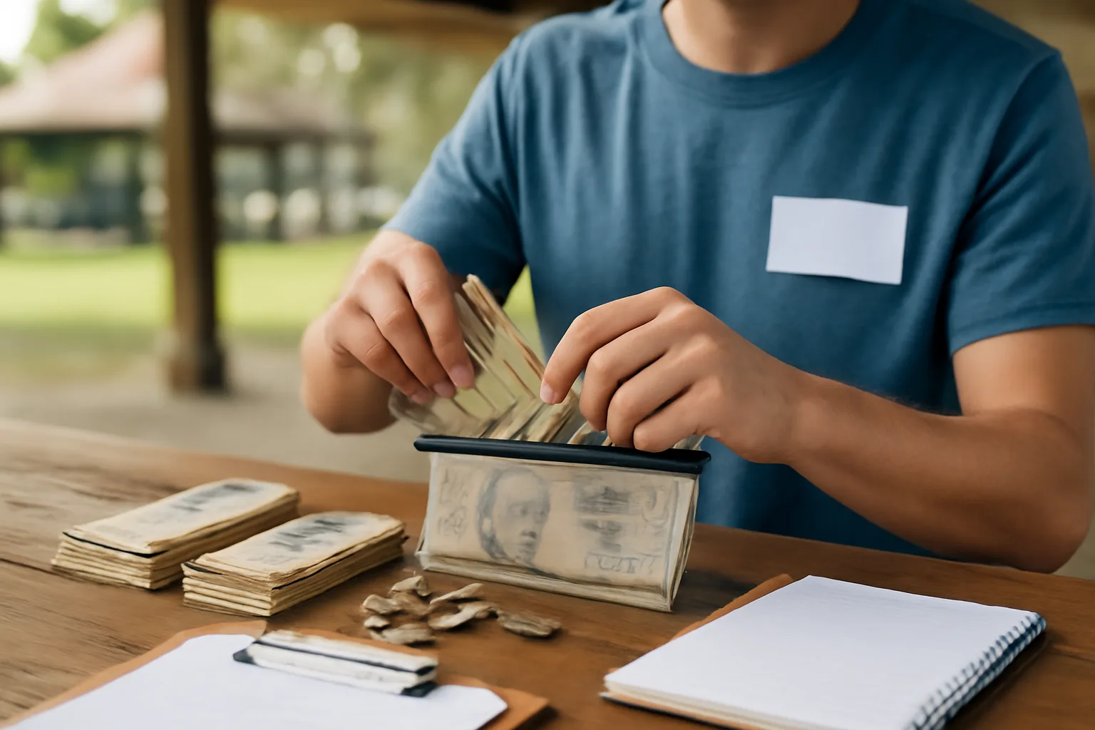 Volunteer treasurer counting cash donations at an outdoor fundraiser table