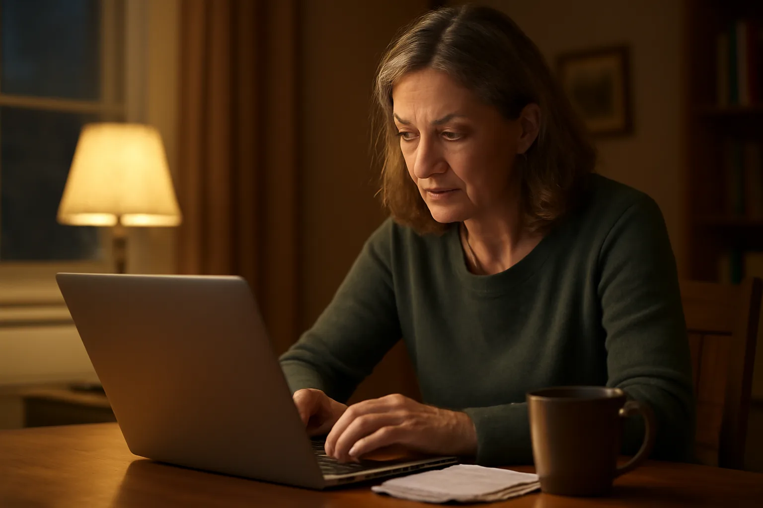 Volunteer treasurer at a laptop filing nonprofit paperwork at night