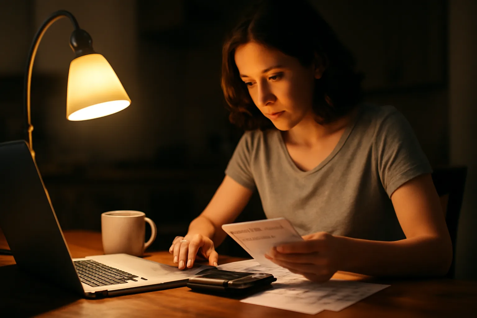 Volunteer treasurer reviewing bank statements at a laptop while preparing to file a 990-N