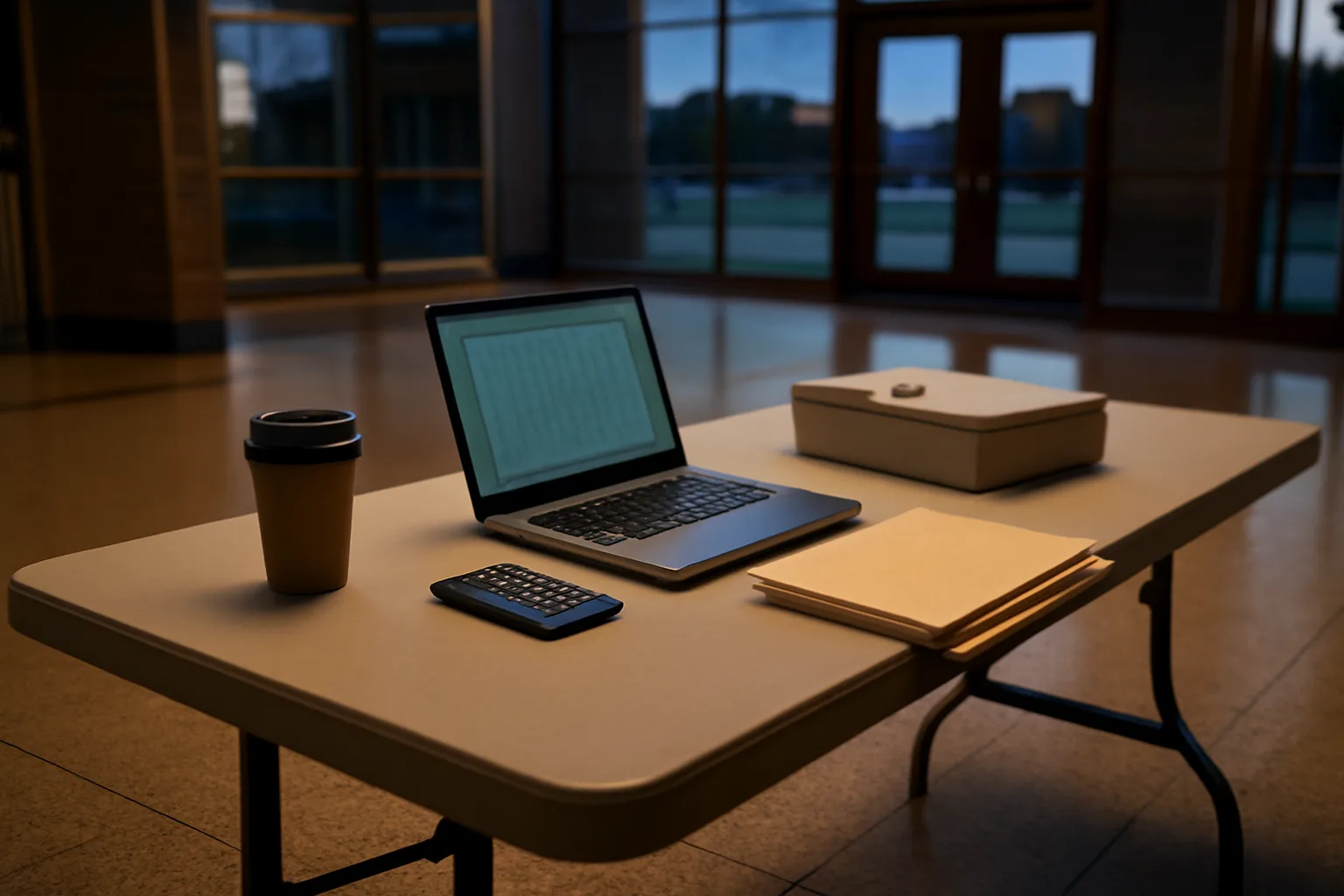 Treasurer's laptop and folders on a table while filing form 990-ez online