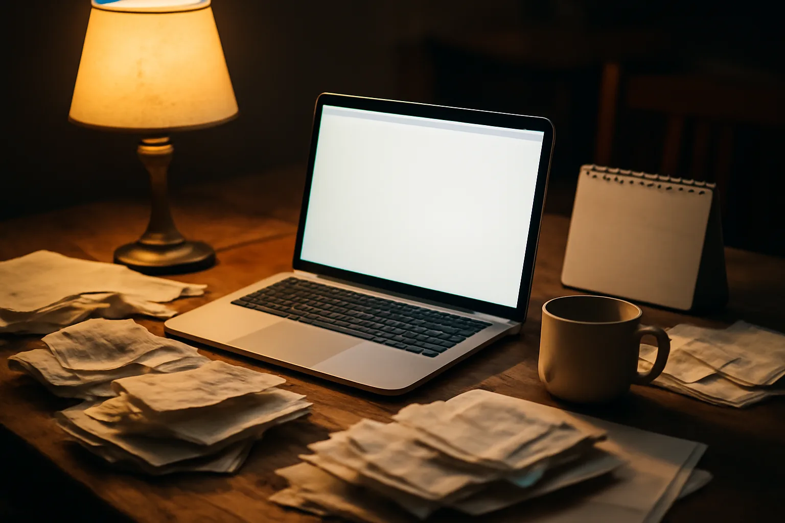 Volunteer treasurer's laptop and paper receipts on a kitchen table while preparing to file form 990 online