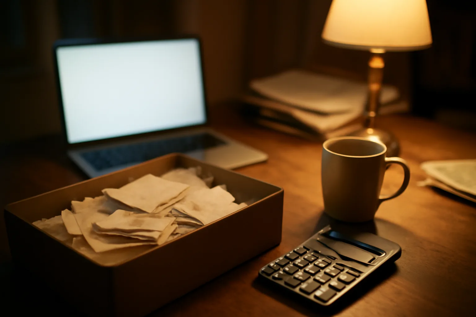 Volunteer treasurer's desk at night while filing 990-EZ online with laptop and receipts