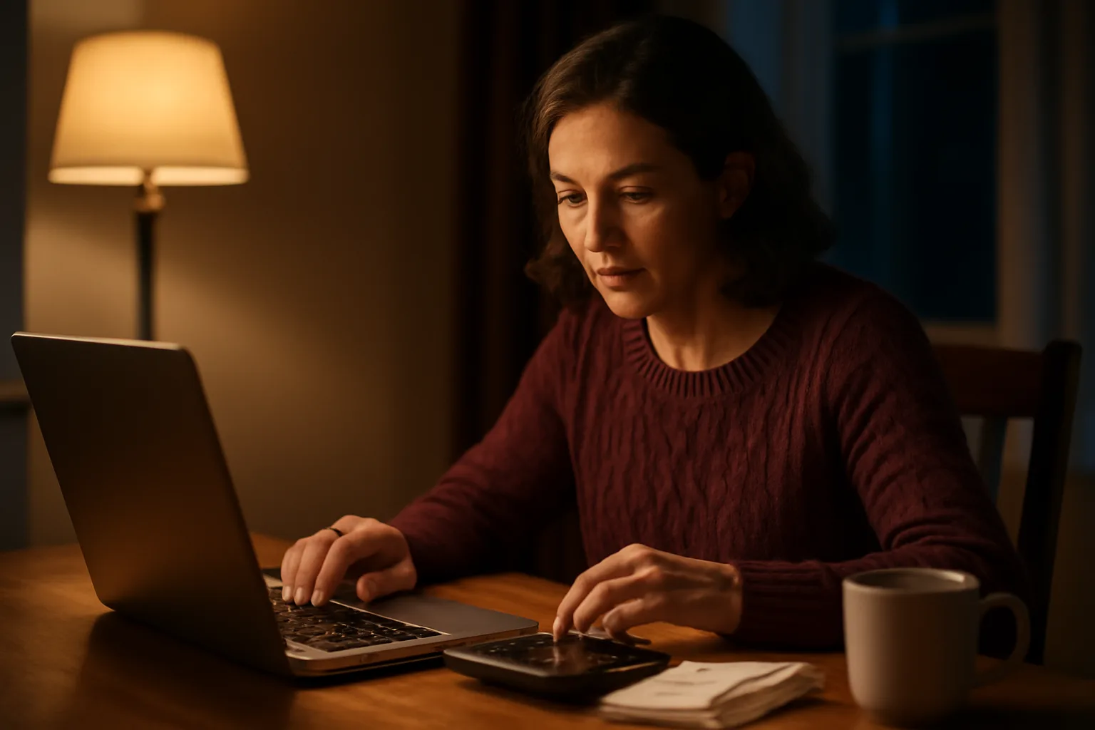 Volunteer treasurer at kitchen table filing paperwork by lamp light with laptop and calculator