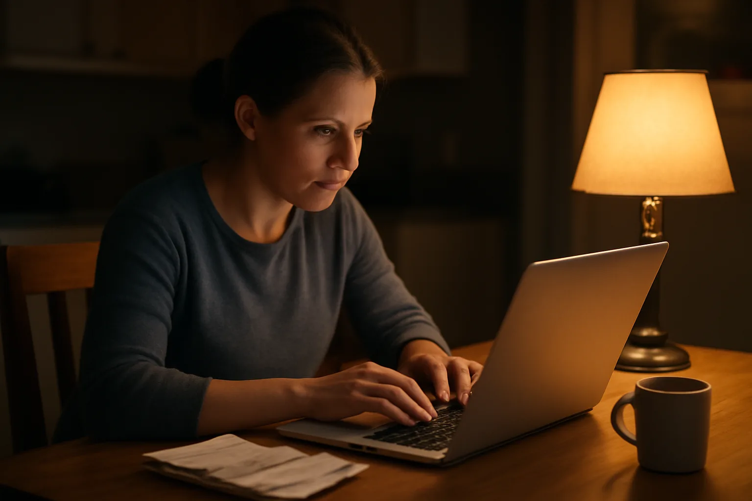 Volunteer treasurer filing paperwork at a kitchen table at night