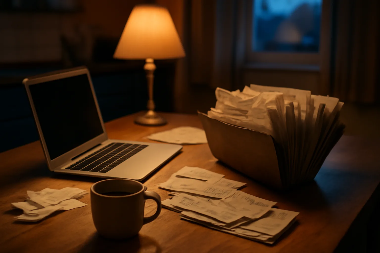 Laptop and receipts folder on a kitchen table, representing filing form 990-n late