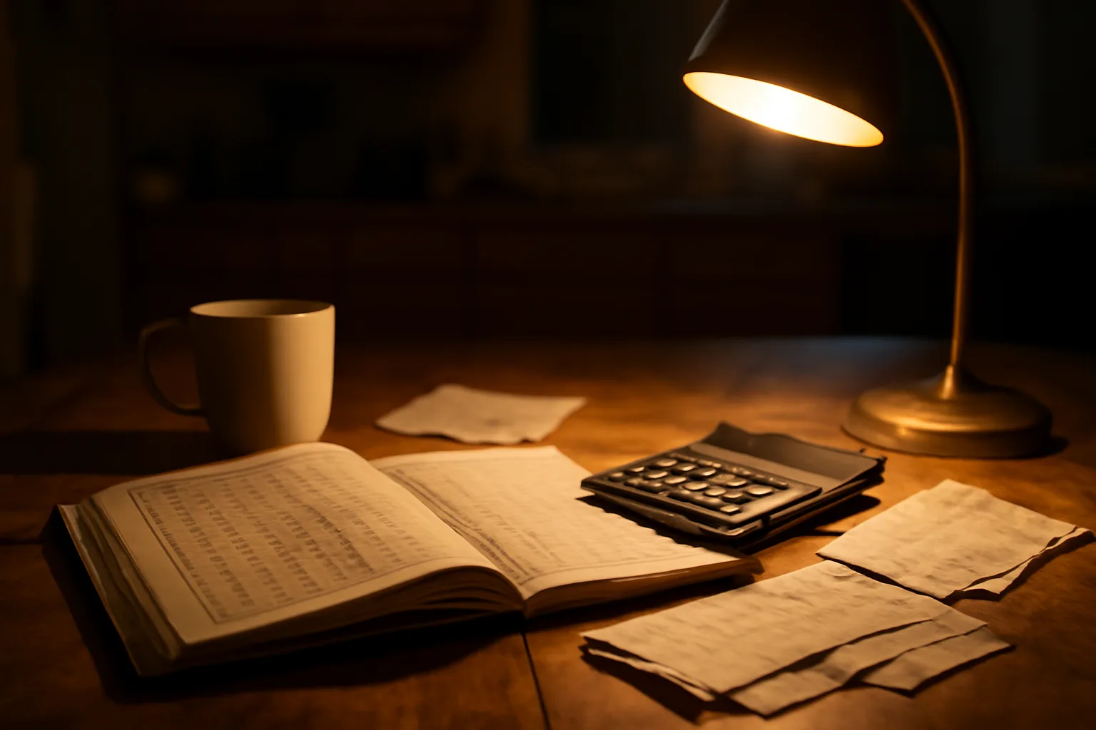 Volunteer treasurer's desk at night with a ledger binder, calculator, and receipts under lamp light