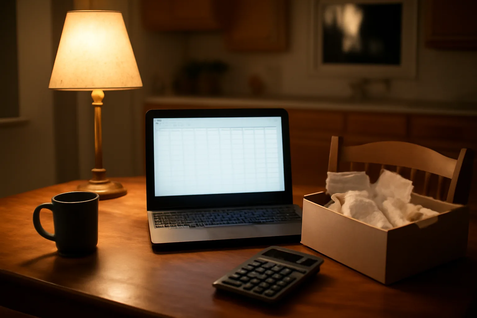 Volunteer treasurer's desk at night with laptop, receipts, and calculator for 990-N filing