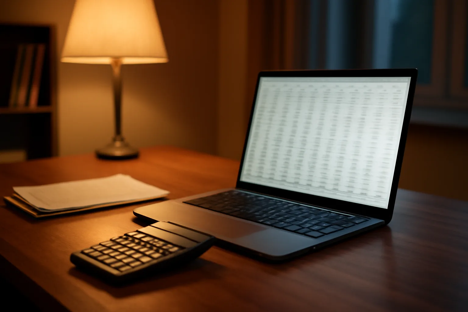 Volunteer treasurer working late on laptop and paperwork for annual filing