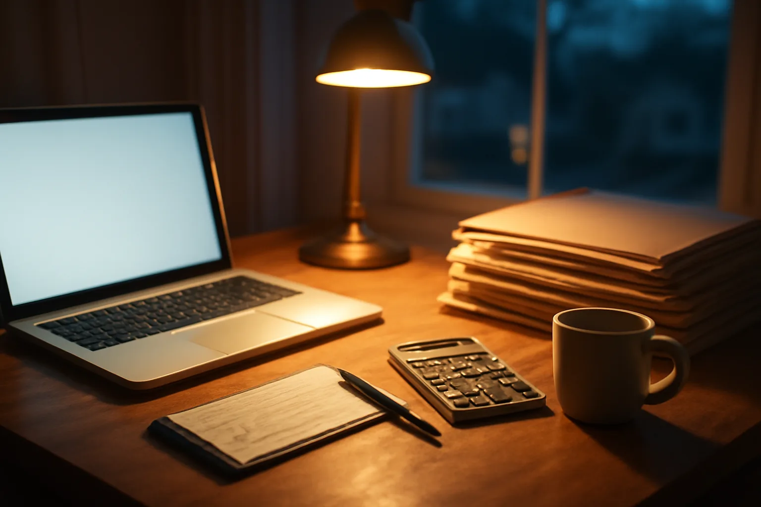 Volunteer treasurer's desk at night while filing nonprofit tax paperwork online