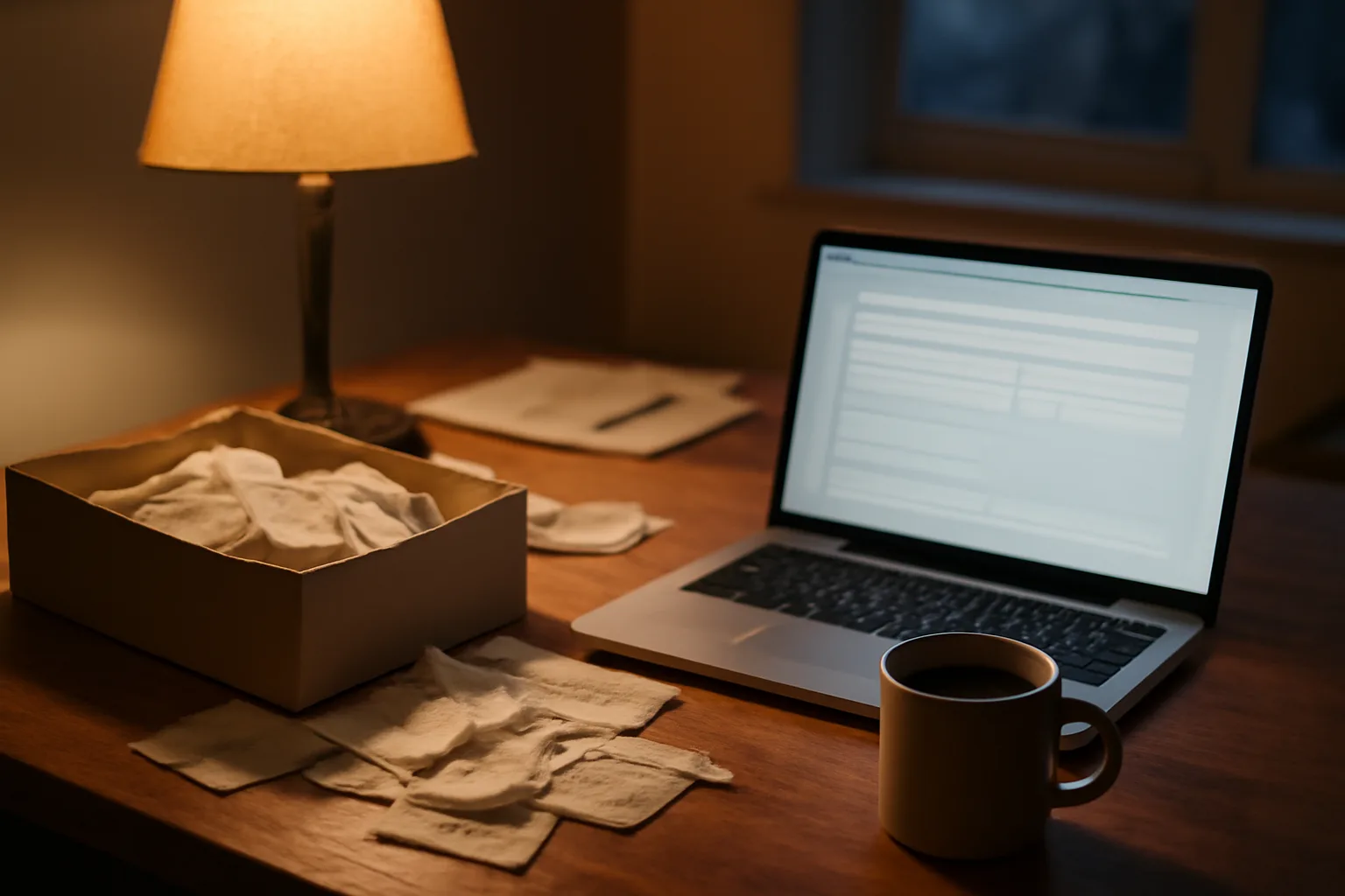 Volunteer treasurer's desk at night while filing the form 990-N e-Postcard online