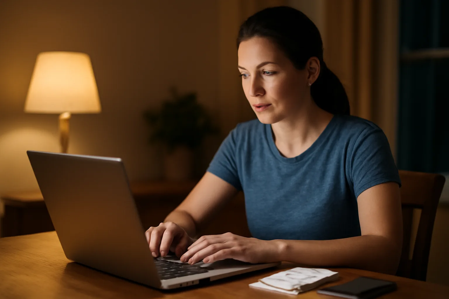 Volunteer treasurer working on laptop at kitchen table handling nonprofit filing tasks