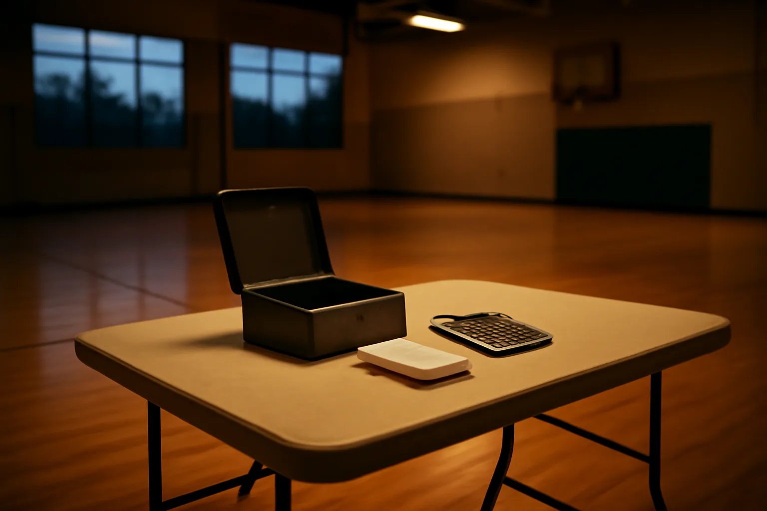 Cash box, receipts, and calculator on a folding table representing booster club treasurer recordkeeping