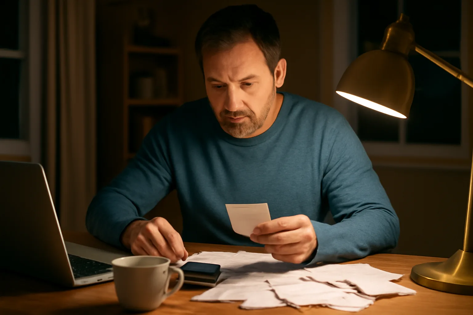 Volunteer treasurer sorting receipts at a table while preparing a form 990 tax return