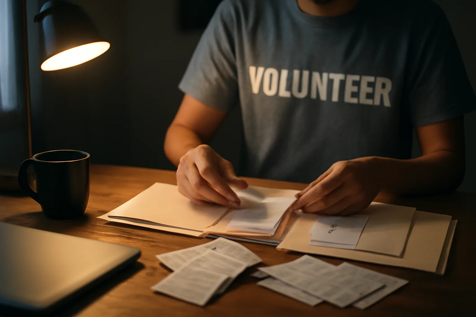 Volunteer treasurer organizing paperwork for forming a 501c3 booster club at night