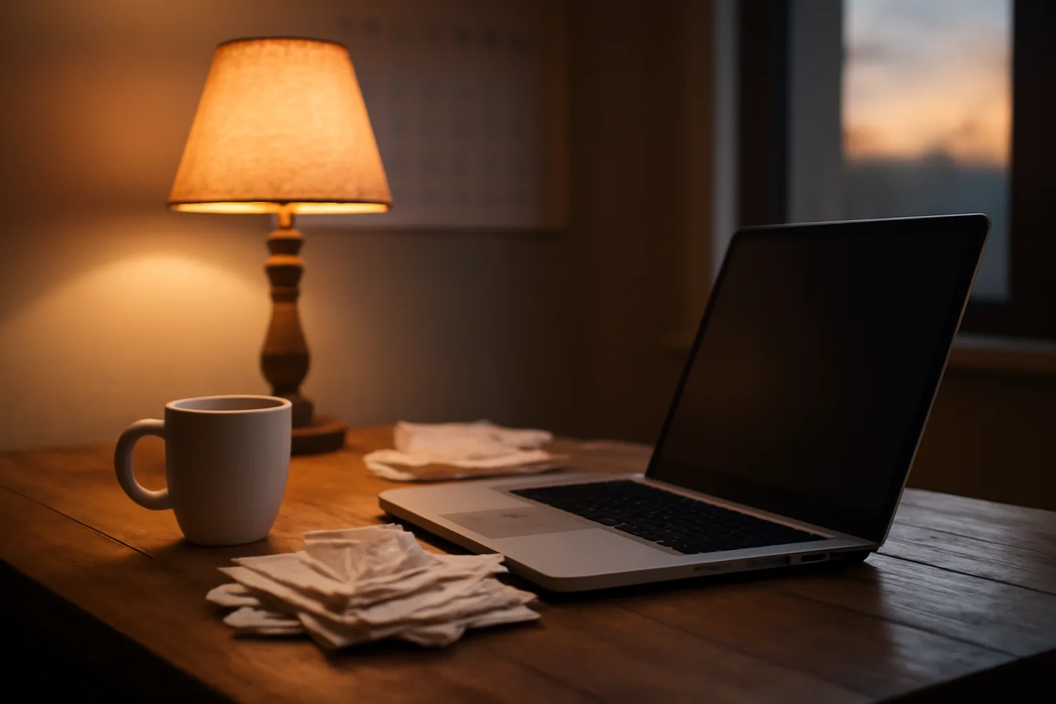 Volunteer treasurer's laptop and receipts on a kitchen table at night