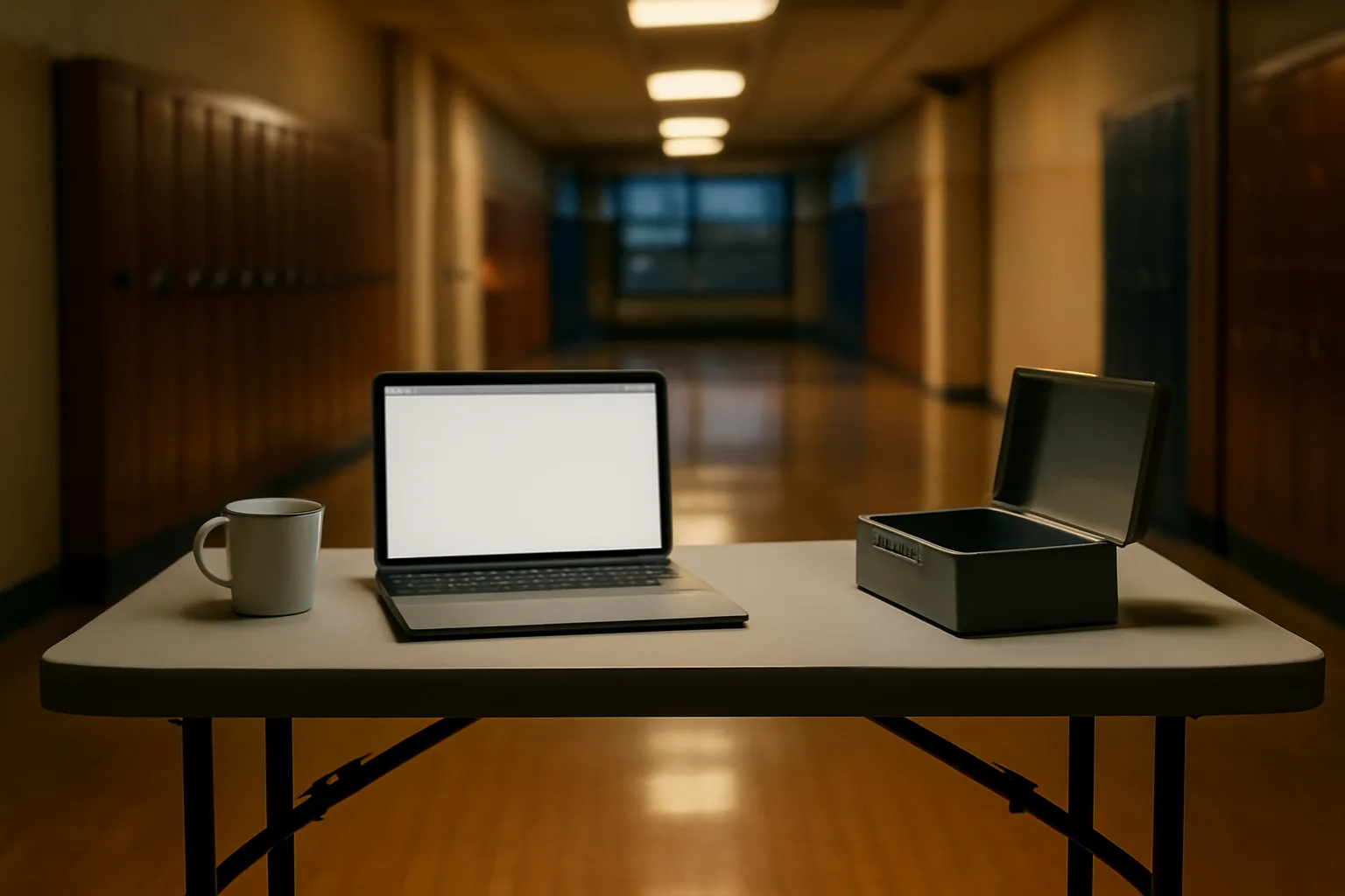 Volunteer treasurer's laptop and empty cash box on a folding table at dusk