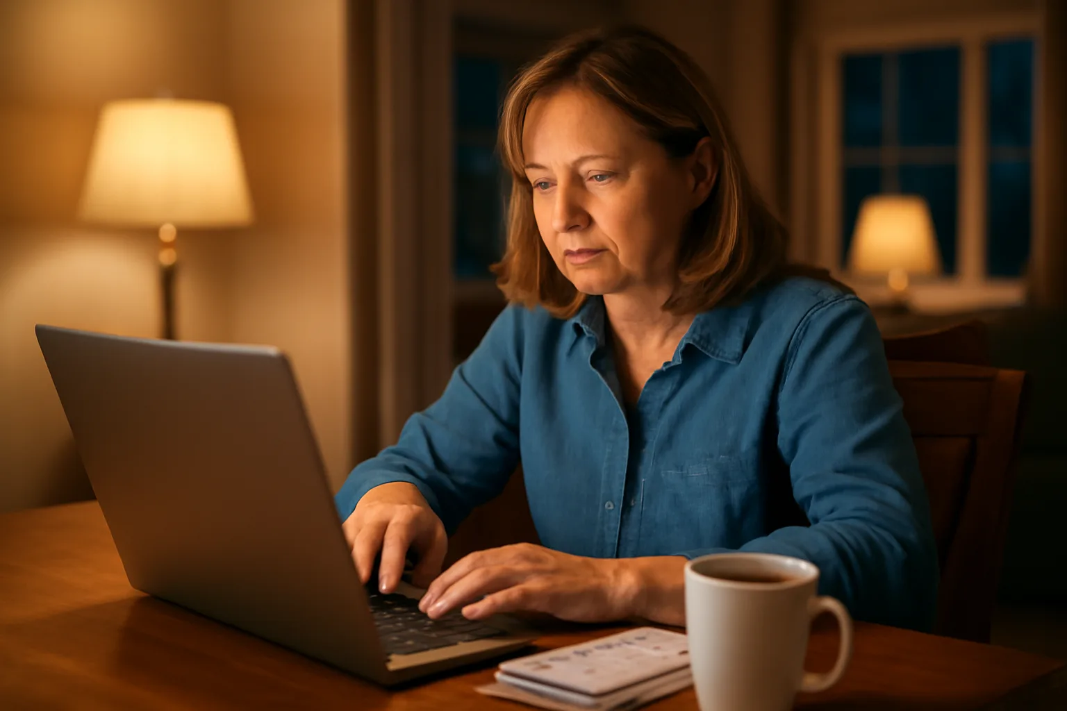 Volunteer treasurer filing paperwork on a laptop at home at night