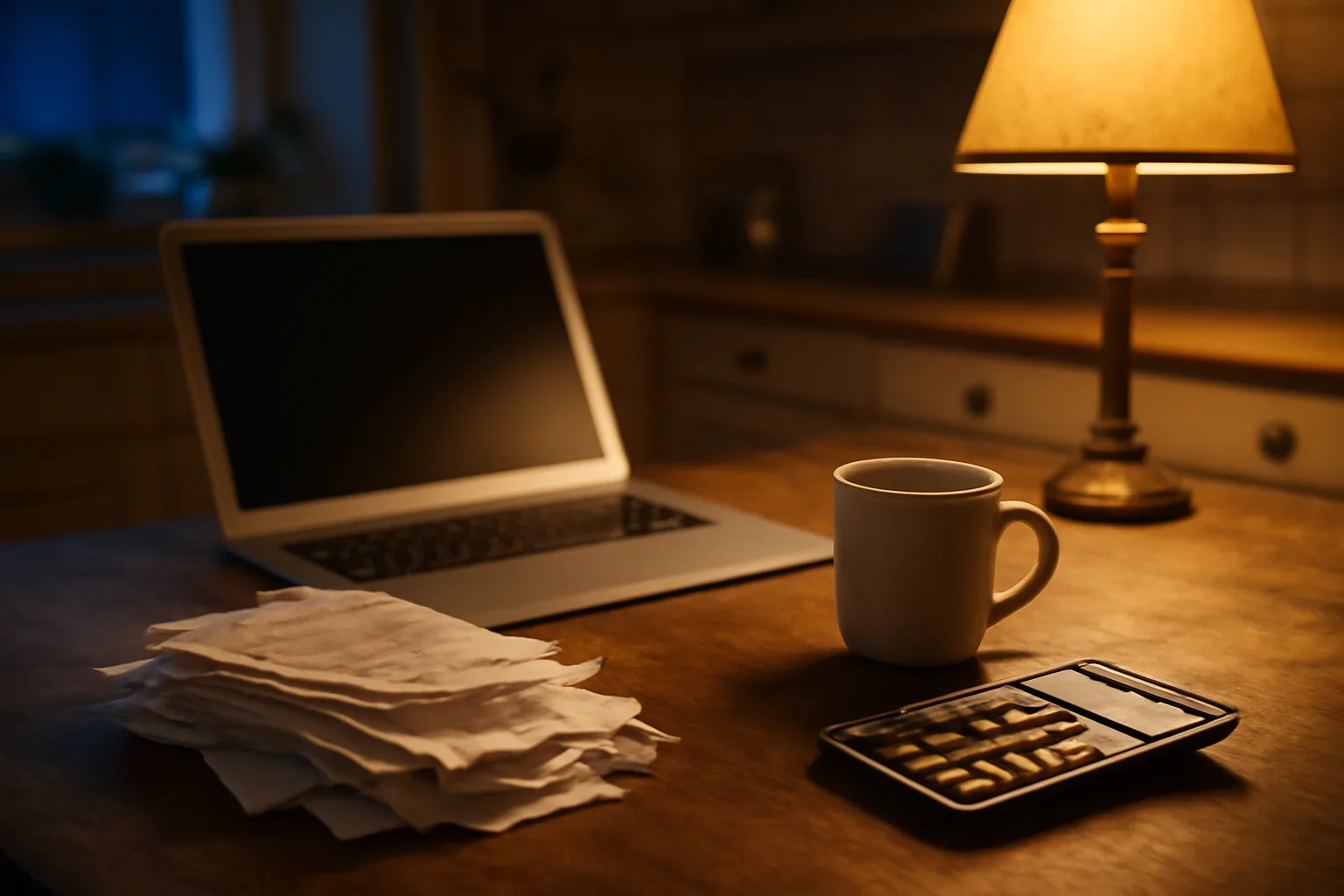 volunteer treasurer's kitchen table workspace with laptop and paper receipts for filing 990