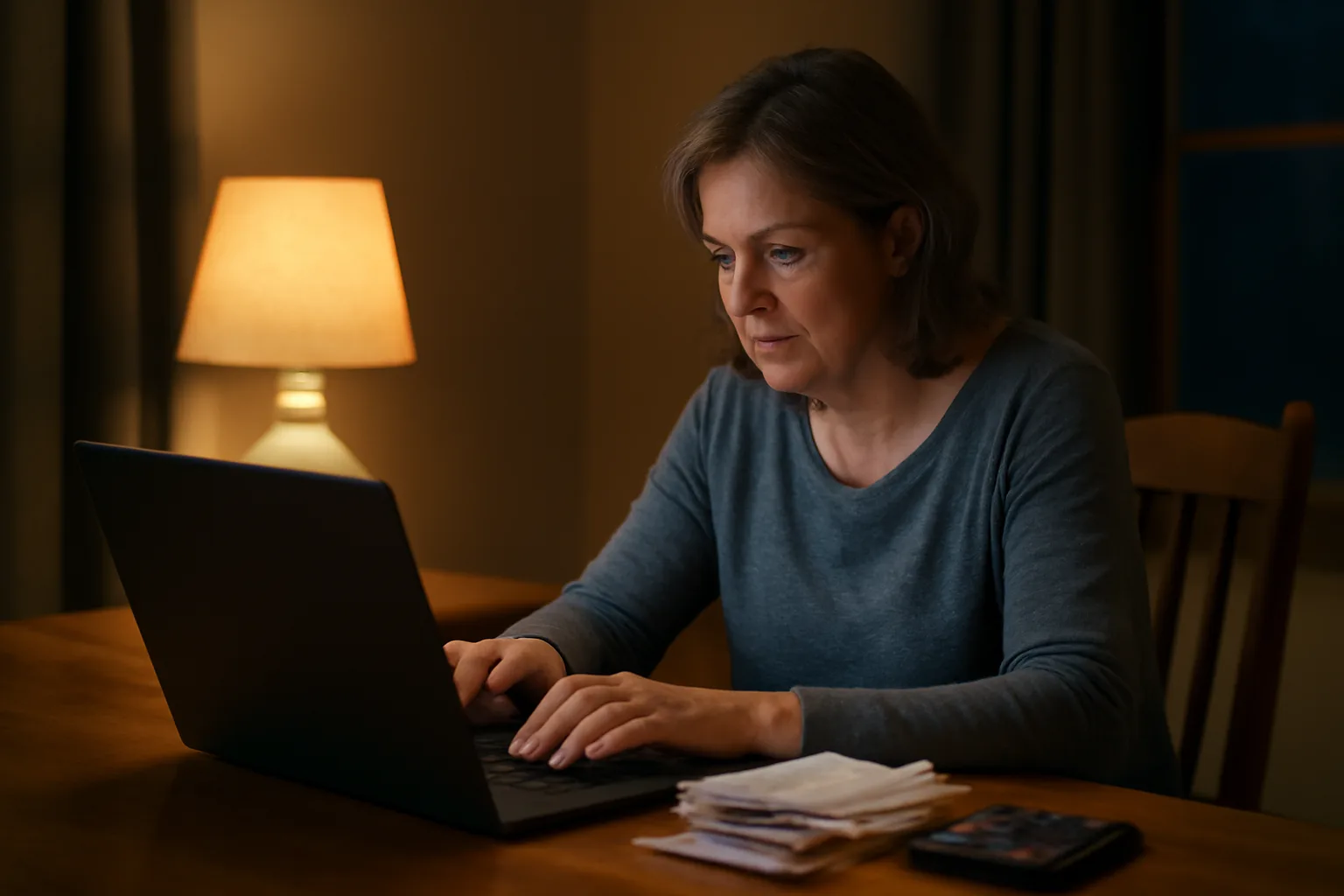 Volunteer treasurer working at a kitchen table on annual nonprofit filings at night
