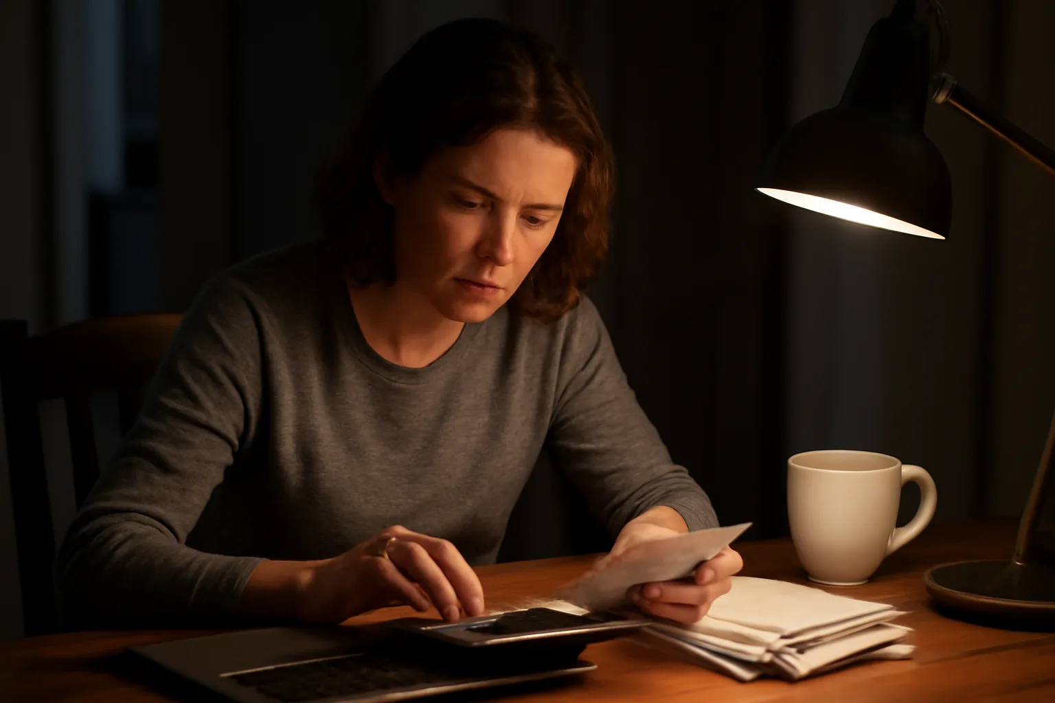 Volunteer treasurer working at a laptop with receipts, filing a nonprofit return at night
