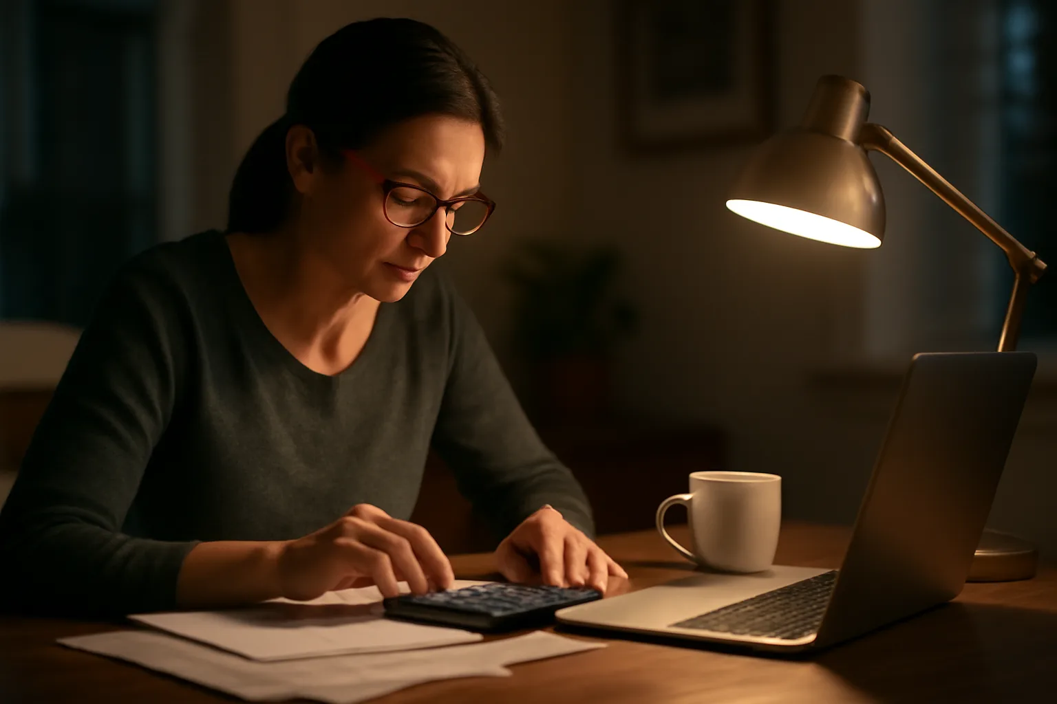 Volunteer treasurer reviewing financial papers at a lamp-lit kitchen table at night