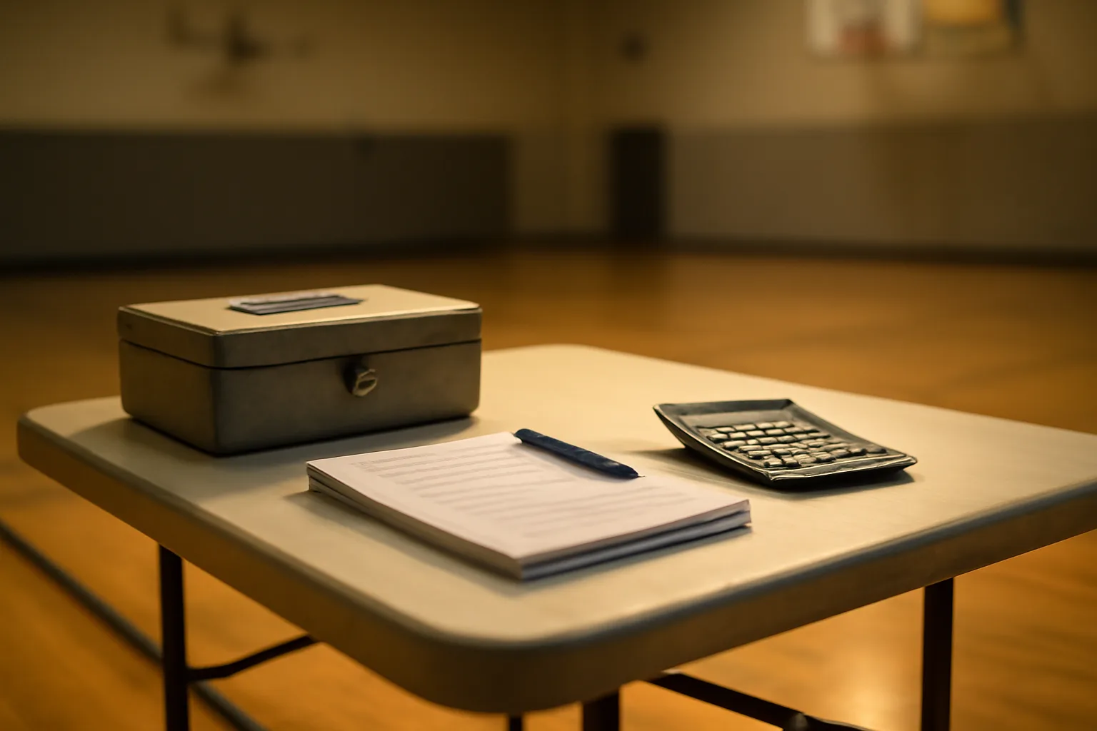 Treasurer's table with cash box and bank statements for a booster club