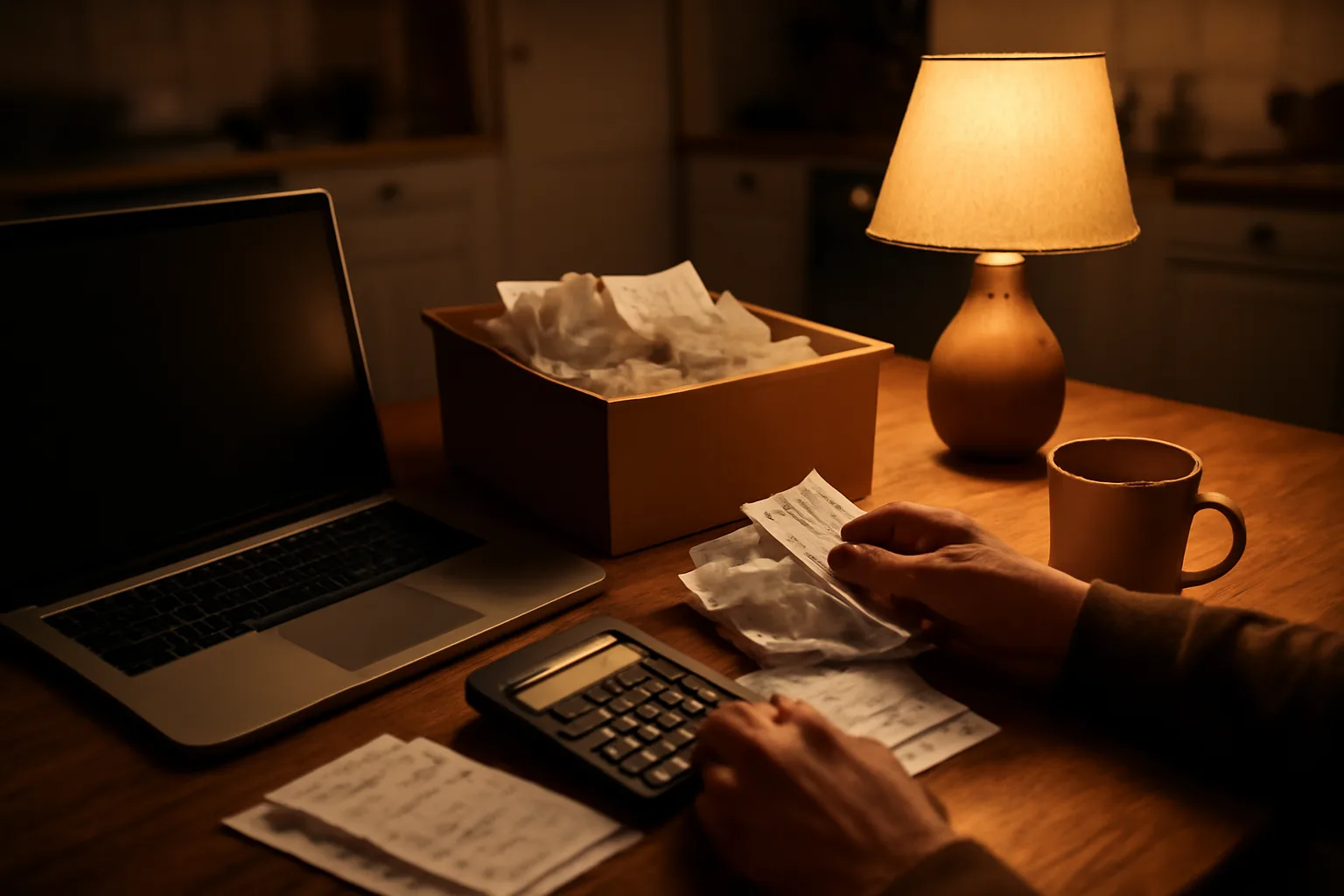 Volunteer treasurer sorting receipts at a kitchen table while preparing IRS 990 filing