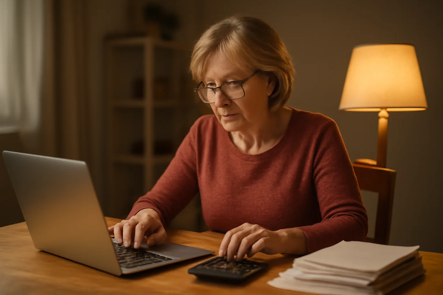 Volunteer treasurer preparing IRS Form 990 with laptop and financial records