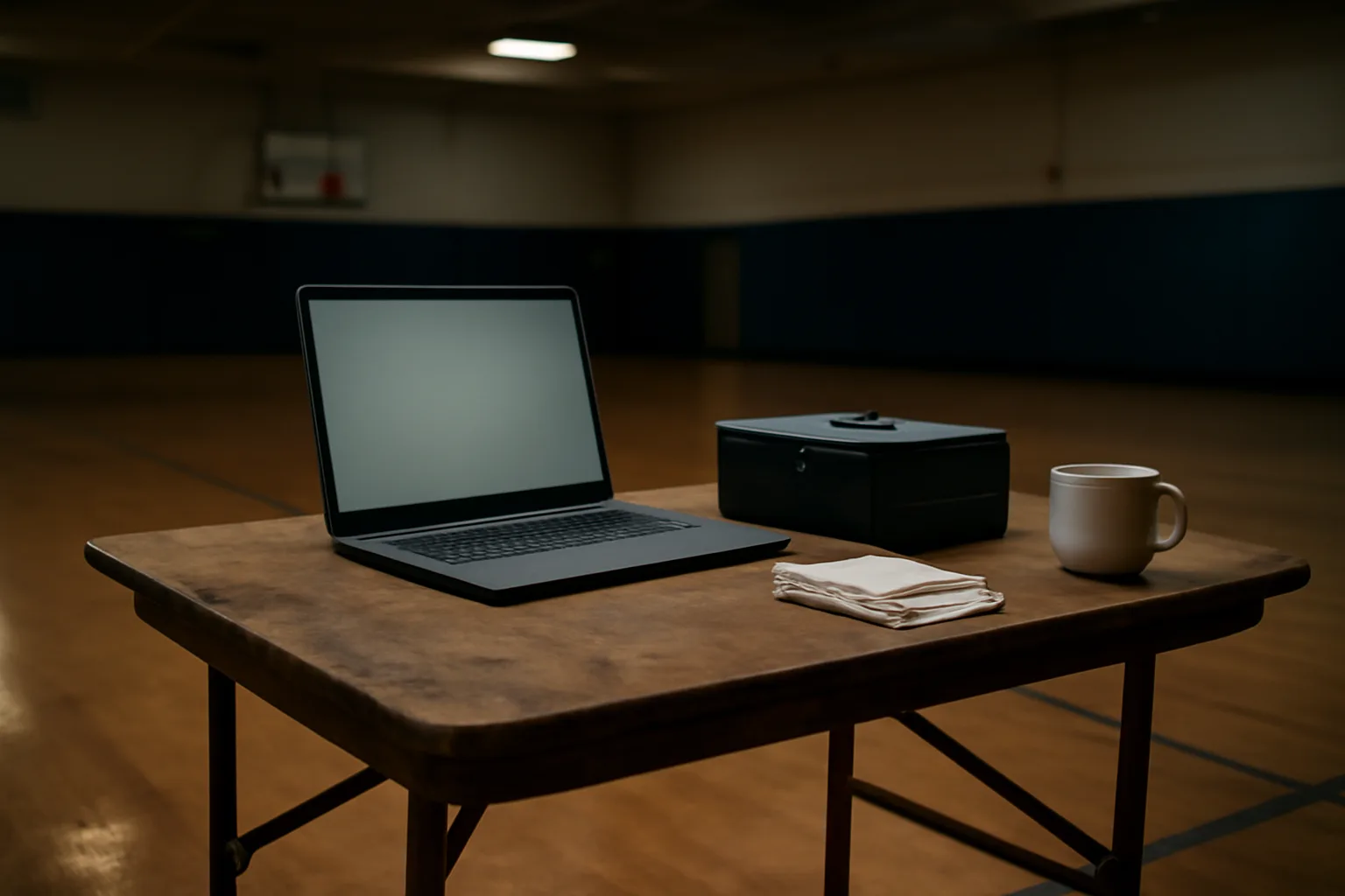Volunteer treasurer's laptop and cash box on a table before filing IRS Form 990-N