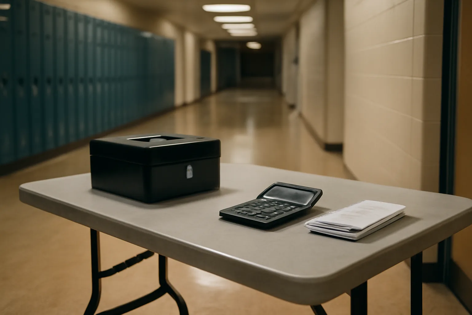 Treasurer's cash box and calculator on a folding table, representing 990-N filing status recordkeeping