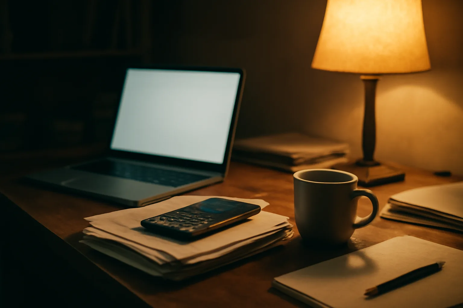 Volunteer treasurer's desk with laptop and bank statements at night