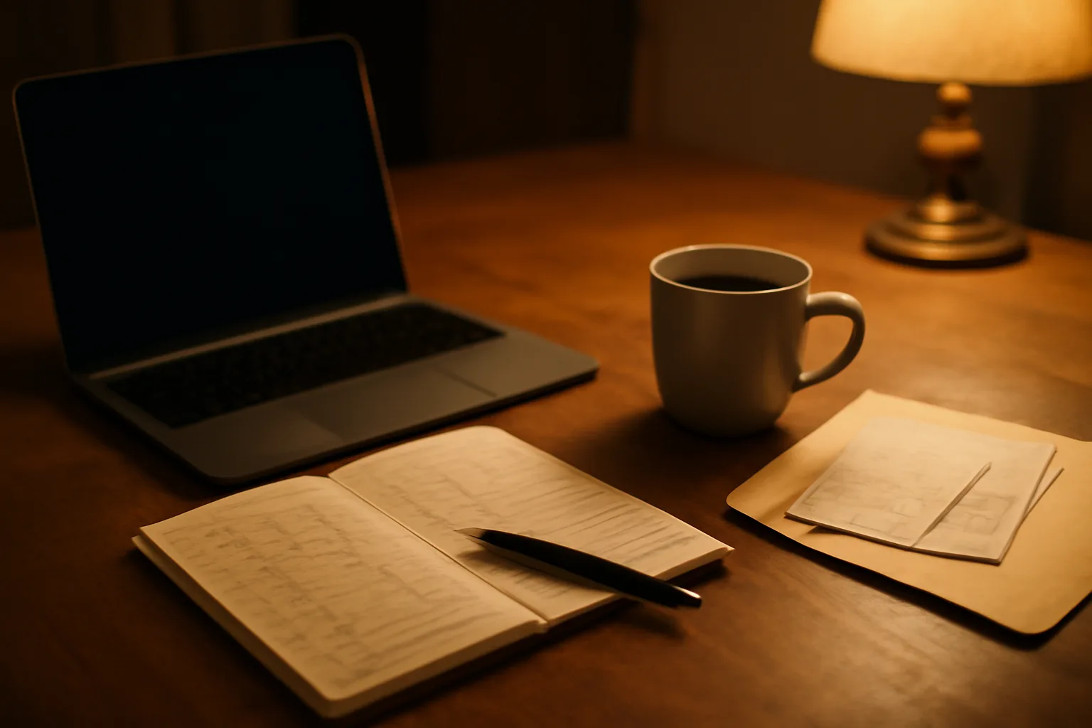 Treasurer's laptop and receipts on a kitchen table at night for 990-N filing