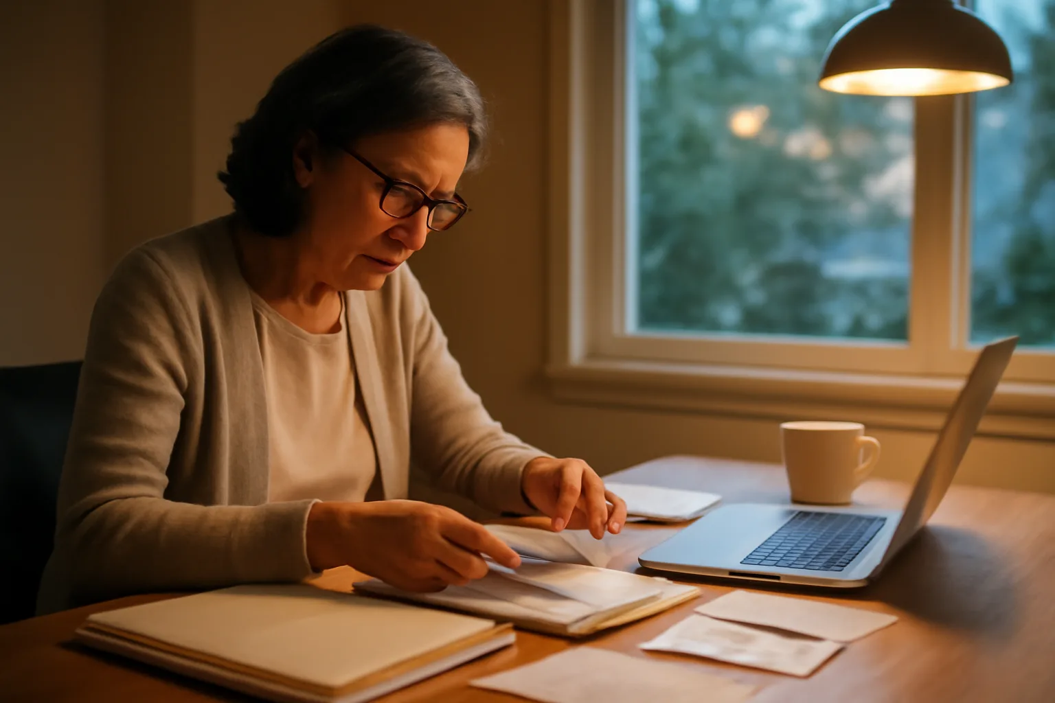 Home office desk with treasurer organizing financial records and folders