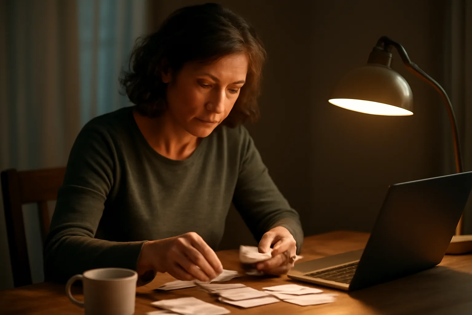 Volunteer treasurer sorting receipts at a table while filing an IRS form 990