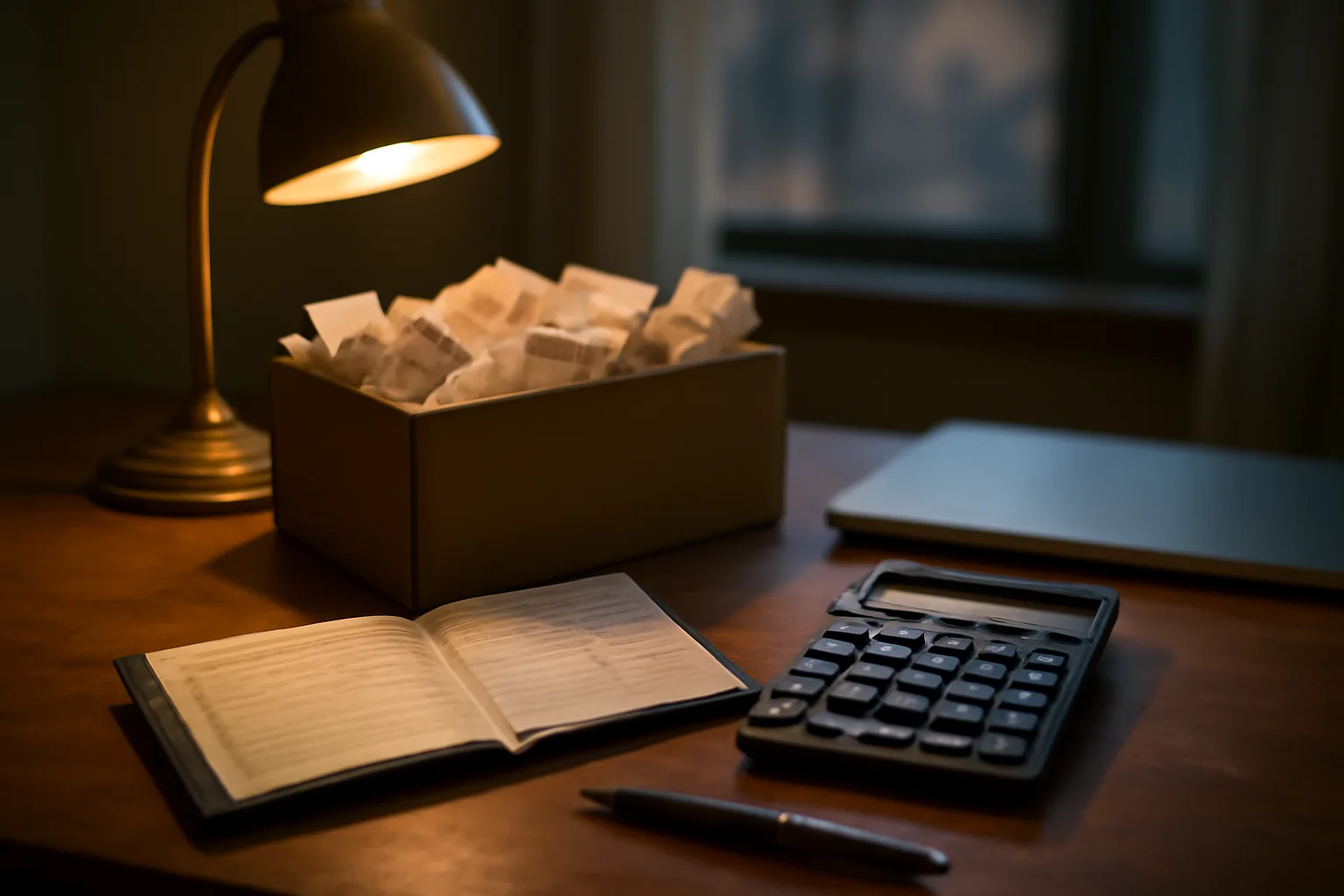 Volunteer treasurer's desk with receipts and calculator representing IRS 990-N filing work